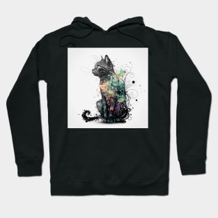 Illustration of a sitting black and white cat, head turned to the side. Torso and legs of the cat are covered in colourful violet, blue, red, yellow and pink lotus flowers Hoodie